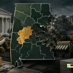 Editorial graphic showing an Alabama-style district map, ballot box, public buildings, roads, homes, school, storefront, and money symbols representing how redistricting affects Black political and economic power.