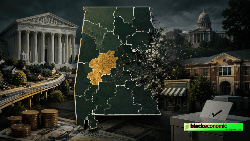 Editorial graphic showing an Alabama-style district map, ballot box, public buildings, roads, homes, school, storefront, and money symbols representing how redistricting affects Black political and economic power.