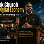 Editorial image showing a Black church leader in a sanctuary with livestream technology, online giving, digital dashboards, and a community tech workshop to represent the Black Church as digital economic infrastructure.