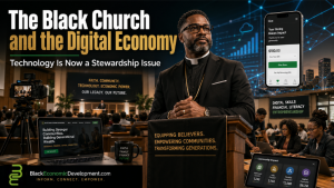 Editorial image showing a Black church leader in a sanctuary with livestream technology, online giving, digital dashboards, and a community tech workshop to represent the Black Church as digital economic infrastructure.