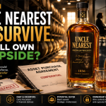 Editorial image showing Uncle Nearest whiskey, aging barrels, loan documents, a court-appointed receiver filing and investors discussing who will own the brand’s future value.