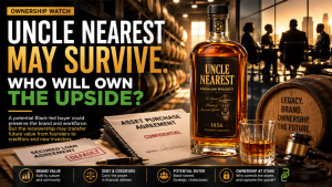 Editorial image showing Uncle Nearest whiskey, aging barrels, loan documents, a court-appointed receiver filing and investors discussing who will own the brand’s future value.