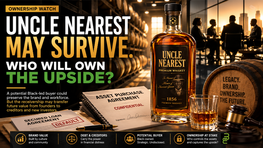 Editorial image showing Uncle Nearest whiskey, aging barrels, loan documents, a court-appointed receiver filing and investors discussing who will own the brand’s future value.