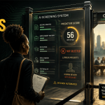 Black woman holding a résumé faces an AI hiring screen showing “Not Selected,” while jobs, pay, benefits and career growth remain behind the gate.