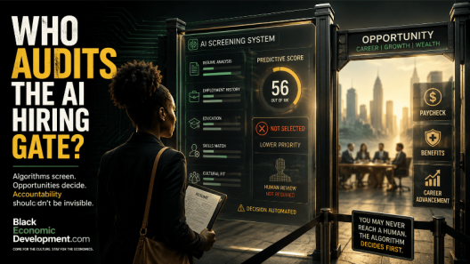 Black woman holding a résumé faces an AI hiring screen showing “Not Selected,” while jobs, pay, benefits and career growth remain behind the gate.