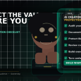 Black creator at a laptop beside an AI Creator Protection Checklist with icons for likeness, voice, IP, contracts, audience, and ownership.