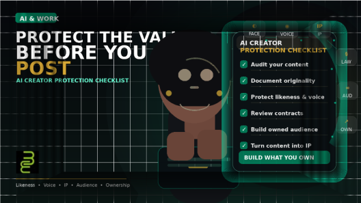 Black creator at a laptop beside an AI Creator Protection Checklist with icons for likeness, voice, IP, contracts, audience, and ownership.