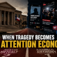 Editorial illustration of a Texas courthouse, running track, social media feeds and fundraising screens representing the attention economy surrounding the Karmelo Anthony case.