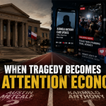 Editorial illustration of a Texas courthouse, running track, social media feeds and fundraising screens representing the attention economy surrounding the Karmelo Anthony case.
