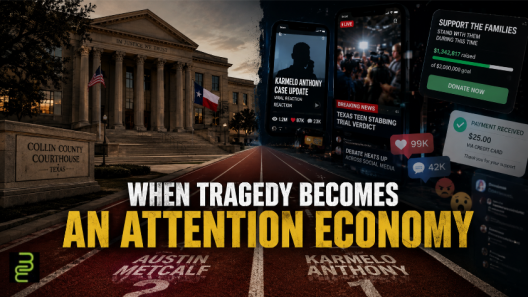 Editorial illustration of a Texas courthouse, running track, social media feeds and fundraising screens representing the attention economy surrounding the Karmelo Anthony case.