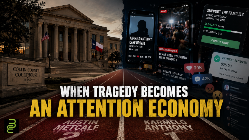 Editorial illustration of a Texas courthouse, running track, social media feeds and fundraising screens representing the attention economy surrounding the Karmelo Anthony case.