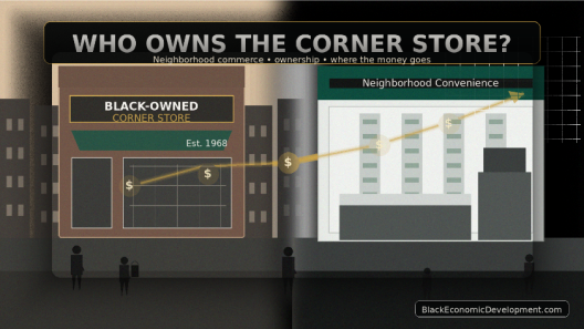 Editorial illustration comparing a historic Black-owned corner store with a modern convenience store as money flows through the neighborhood.