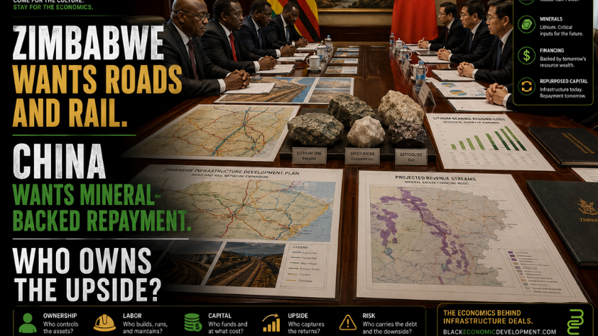 Zimbabwean and Chinese delegations discuss mineral-backed infrastructure financing with railway plans, lithium samples, maps, and revenue charts on the table.