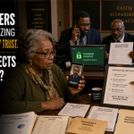 Black family and church finance officers verify a suspicious AI-generated money request before stopping a digital transfer.