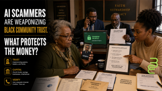 Black family and church finance officers verify a suspicious AI-generated money request before stopping a digital transfer.
