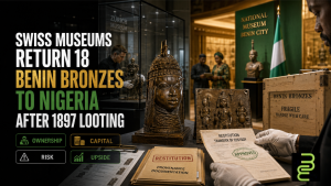 Museum workers prepare Benin Bronze artifacts for return to Nigeria, highlighting questions of ownership, cultural capital, and restitution.