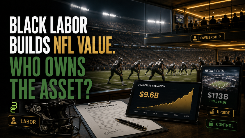 Black football players compete in a packed stadium beneath a luxury ownership suite, with a player contract, helmet, media-rights screen, and franchise valuation chart rising toward $9.6 billion.