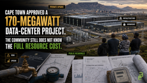 Two proposed hyperscale data centers near Cape Town with electrical infrastructure, water meters, utility plans and residents examining the project’s public resource cost.