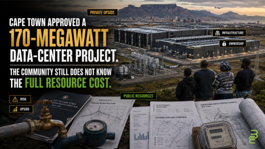 Two proposed hyperscale data centers near Cape Town with electrical infrastructure, water meters, utility plans and residents examining the project’s public resource cost.
