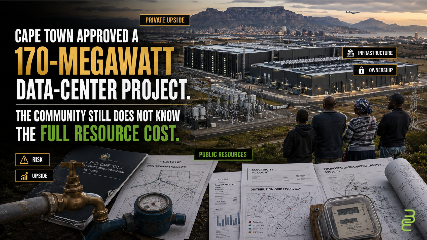 Two proposed hyperscale data centers near Cape Town with electrical infrastructure, water meters, utility plans and residents examining the project’s public resource cost.