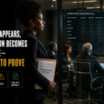 Black professional stands outside a corporate conference room as workplace race data disappears from an employer workforce dashboard.