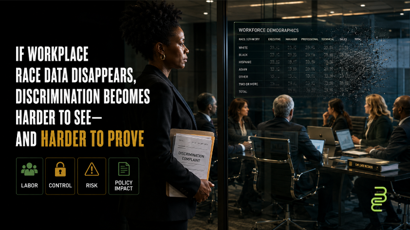 Black professional stands outside a corporate conference room as workplace race data disappears from an employer workforce dashboard.