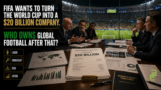 Football executives and private investors negotiate minority equity in a proposed $20 billion World Cup company while a packed global final continues inside the stadium.