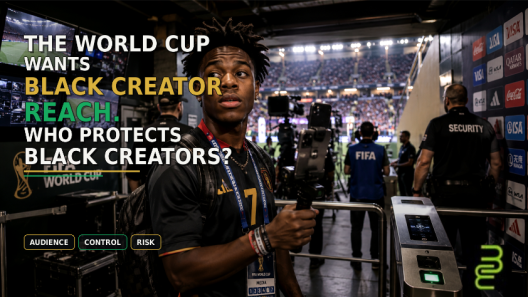 Black creator holding a livestream camera inside a World Cup stadium media area as security, broadcast screens, and sponsor signage surround him.
