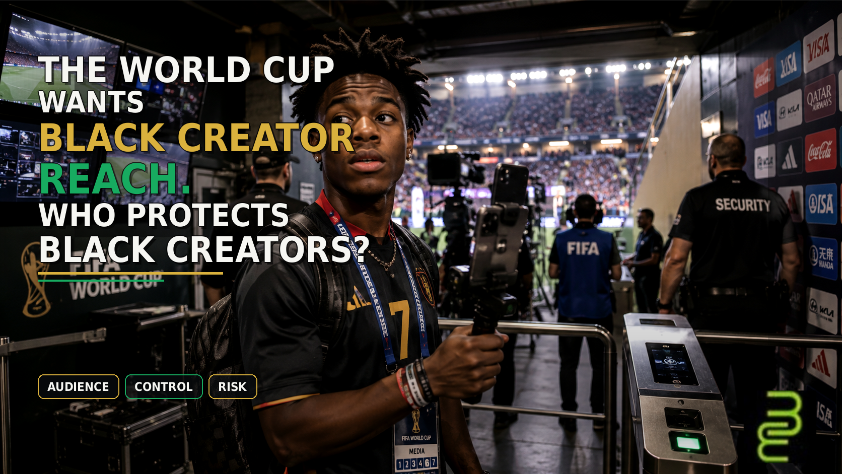 Black creator holding a livestream camera inside a World Cup stadium media area as security, broadcast screens, and sponsor signage surround him.