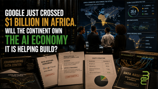 African engineers and policymakers in a Johannesburg data center reviewing cloud infrastructure, fiber routes, contracts, equity documents, and AI data ownership.