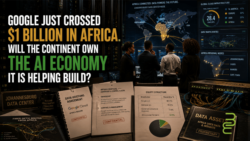 African engineers and policymakers in a Johannesburg data center reviewing cloud infrastructure, fiber routes, contracts, equity documents, and AI data ownership.