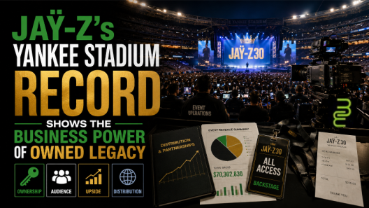 Jay-Z performing before a packed Yankee Stadium audience with economic modules highlighting ownership, audience, upside, and distribution.