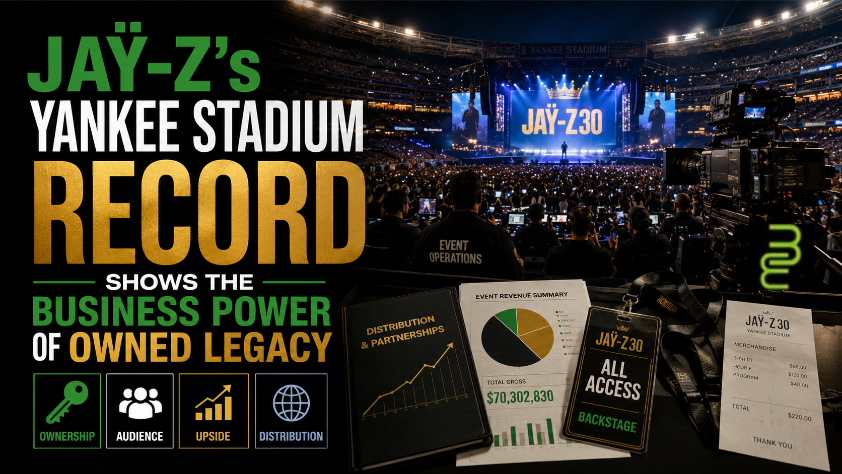 Jay-Z performing before a packed Yankee Stadium audience with economic modules highlighting ownership, audience, upside, and distribution.