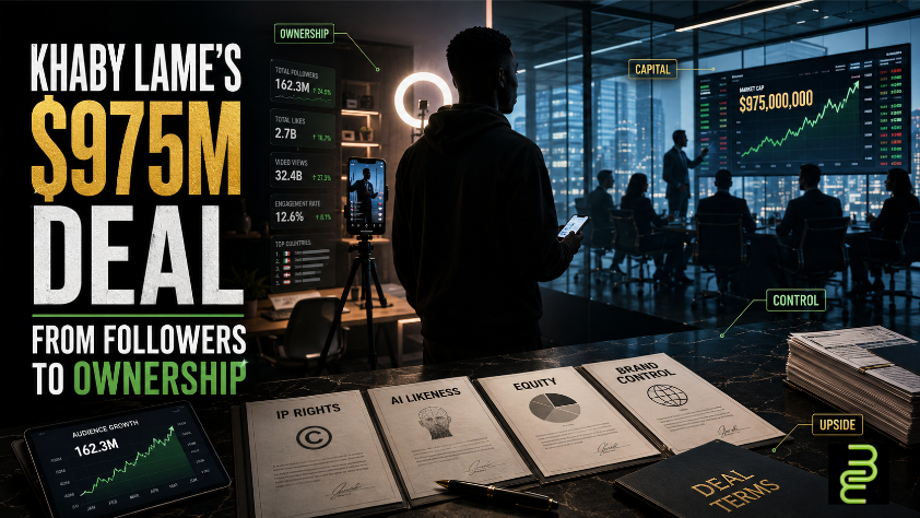 Editorial image showing a creator studio, boardroom, market screens, and contracts for IP rights, AI likeness, equity, and brand control representing Khaby Lame’s $975 million deal.