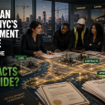 Lina Khan (illustrative likeness) reviews New York City land, development contracts, and infrastructure plans with Black contractors, workers, and community representatives.