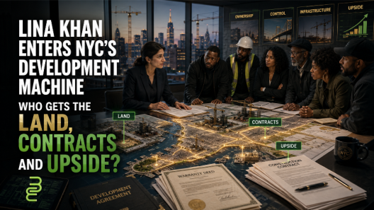 Lina Khan (illustrative likeness) reviews New York City land, development contracts, and infrastructure plans with Black contractors, workers, and community representatives.