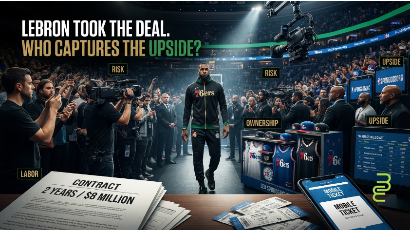 LeBron James entering a Philadelphia basketball arena with contract, ticket, media, sponsorship, and franchise-value imagery.