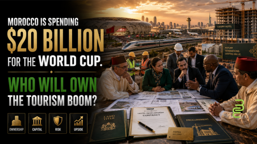 Editorial image showing Morocco’s $20 billion World Cup infrastructure push with a stadium, high-speed rail, airport, hotel construction, and executives reviewing land and hotel development contracts.