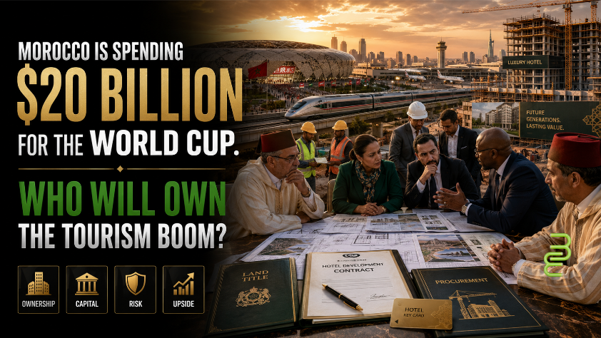 Editorial image showing Morocco’s $20 billion World Cup infrastructure push with a stadium, high-speed rail, airport, hotel construction, and executives reviewing land and hotel development contracts.