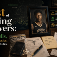 Editorial image showing a framed portrait of a young Black student-athlete beside an evidence bag, autopsy report, legal notes, invoices, and a Mississippi Gulf Coast map.