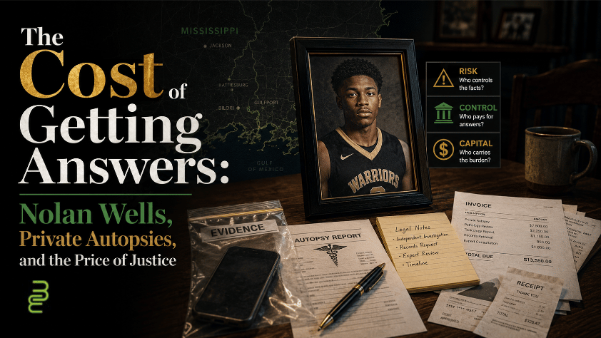 Editorial image showing a framed portrait of a young Black student-athlete beside an evidence bag, autopsy report, legal notes, invoices, and a Mississippi Gulf Coast map.