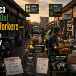 South African township commercial street with shuttered shops, workers, delivery bikes, invoices and remittance receipts showing migrant labor’s economic role.