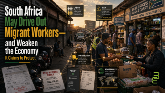 South African township commercial street with shuttered shops, workers, delivery bikes, invoices and remittance receipts showing migrant labor’s economic role.