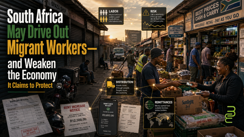 South African township commercial street with shuttered shops, workers, delivery bikes, invoices and remittance receipts showing migrant labor’s economic role.