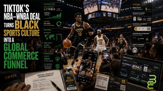 Black basketball players compete in a packed arena as phones, audience data, media rights, tickets, subscriptions, and sponsor inventory show how TikTok’s NBA–WNBA deal turns Black sports culture into global commerce.