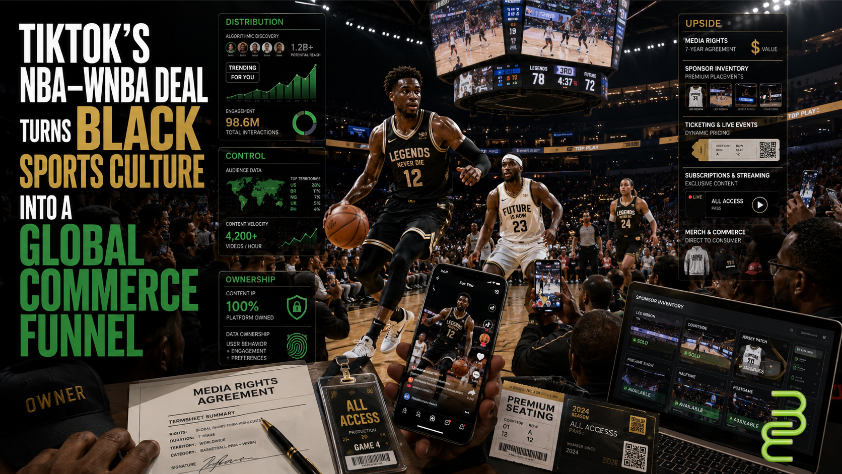 Black basketball players compete in a packed arena as phones, audience data, media rights, tickets, subscriptions, and sponsor inventory show how TikTok’s NBA–WNBA deal turns Black sports culture into global commerce.