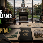 UNCF leadership transition boardroom with an empty executive chair, HBCU campus, scholarship documents, donor agreements, and endowment charts.