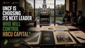 UNCF leadership transition boardroom with an empty executive chair, HBCU campus, scholarship documents, donor agreements, and endowment charts.