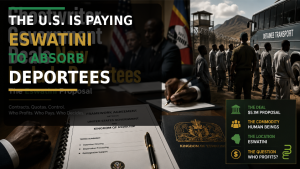 A cinematic editorial image showing U.S. and Eswatini officials, deportation documents, a detention transport scene, and the headline “The U.S. Is Paying Eswatini to Absorb Deportees.”