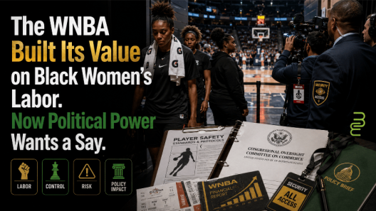 Black women basketball players in a WNBA arena corridor beside player-safety documents, media cameras, security barriers, and congressional oversight materials.